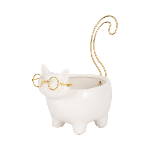 Voss Kitty Trinket Dish with Ring Holder Tail | 7" White-Gold Ceramic