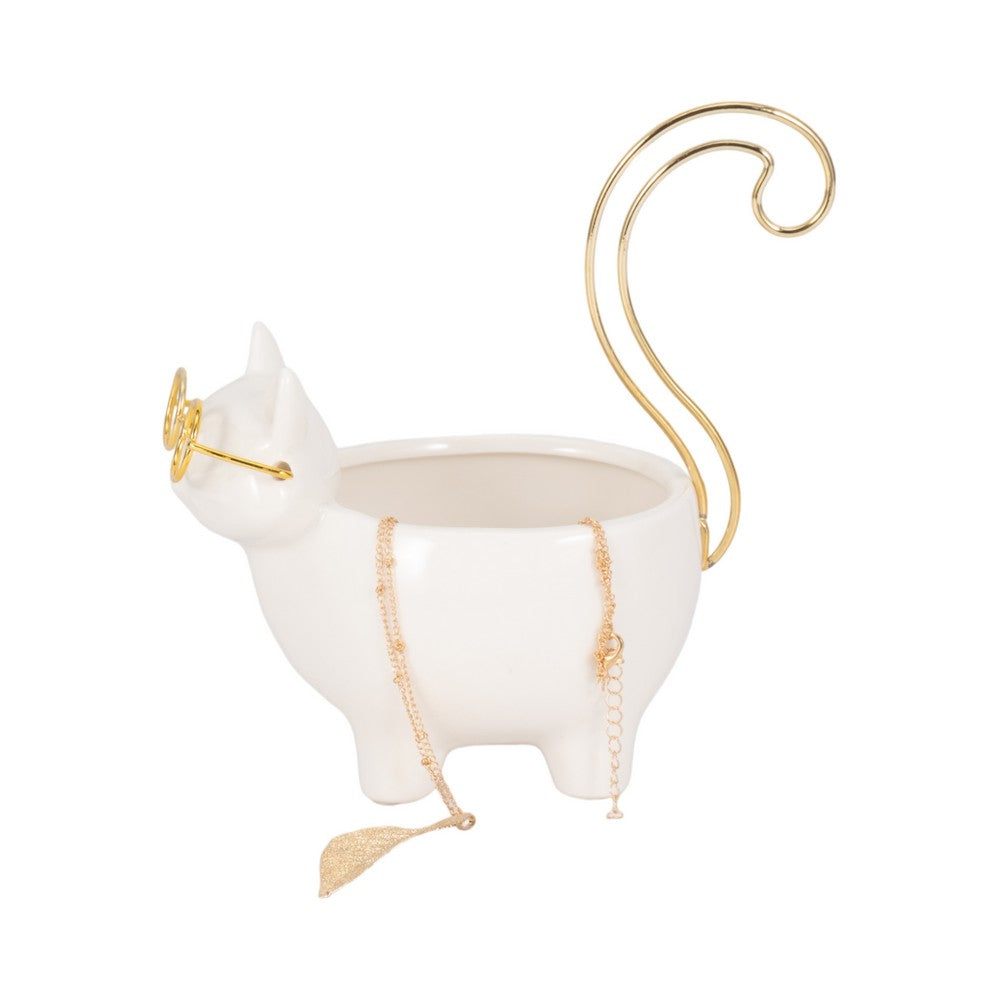 Voss Kitty Trinket Dish with Ring Holder Tail | 7" White-Gold Ceramic