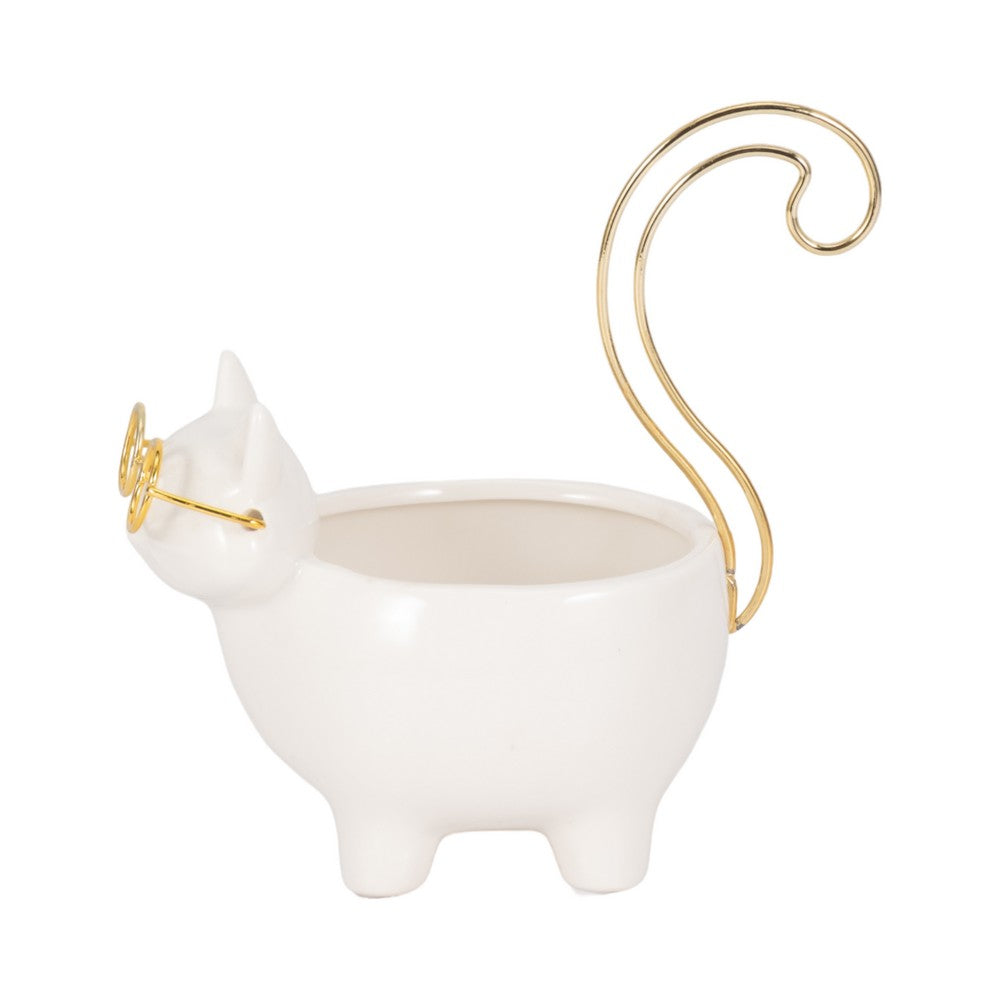 Voss Kitty Trinket Dish with Ring Holder Tail | 7" White-Gold Ceramic