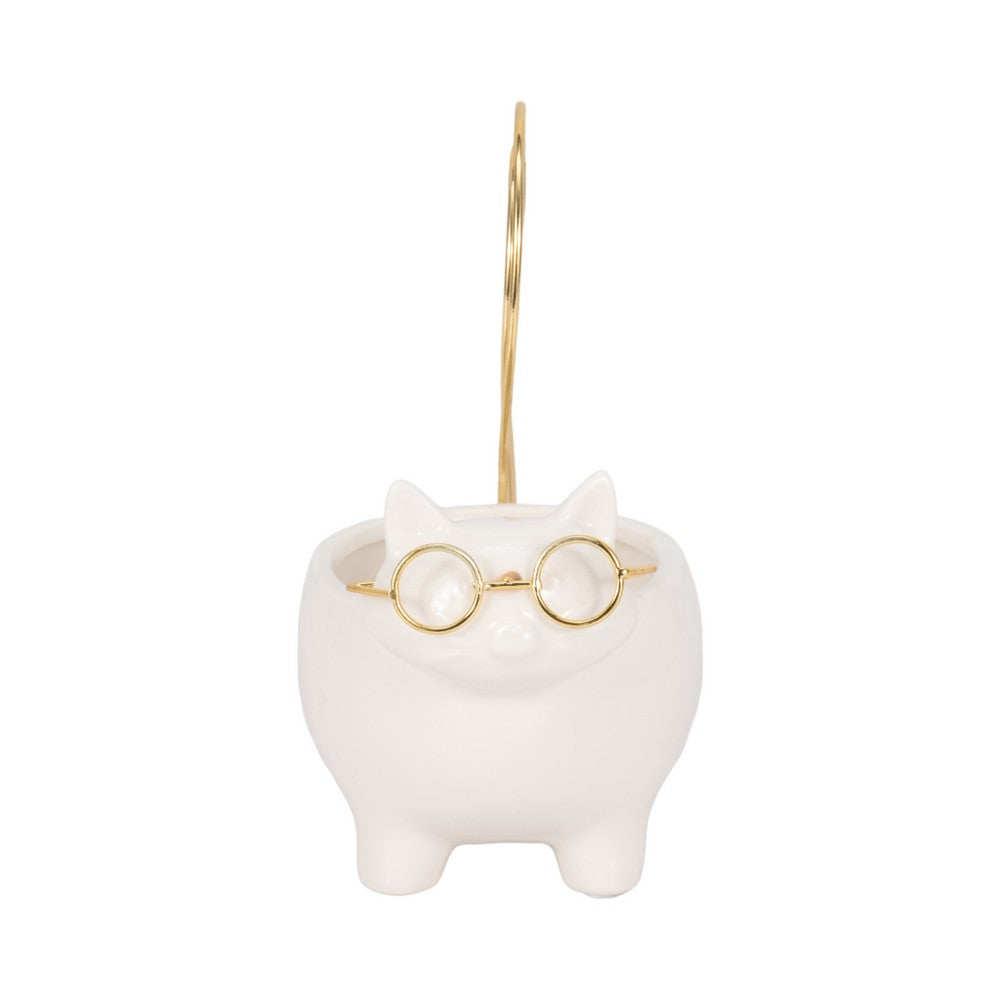 Voss Kitty Trinket Dish with Ring Holder Tail | 7" White-Gold Ceramic