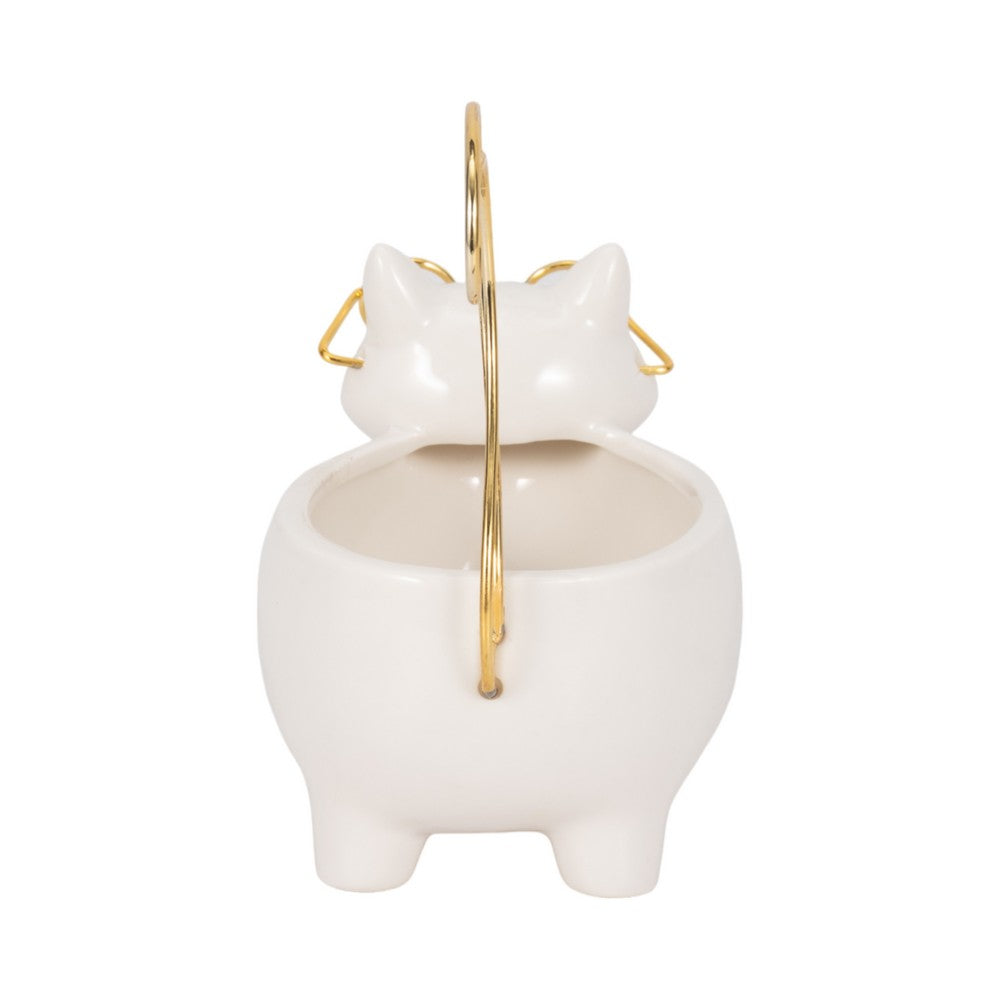 Voss Kitty Trinket Dish with Ring Holder Tail | 7" White-Gold Ceramic