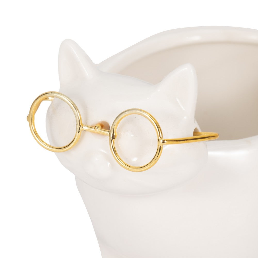 Voss Kitty Trinket Dish with Ring Holder Tail | 7" White-Gold Ceramic