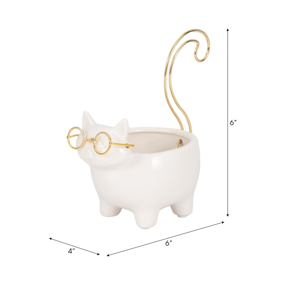 Voss Kitty Trinket Dish with Ring Holder Tail | 7" White-Gold Ceramic