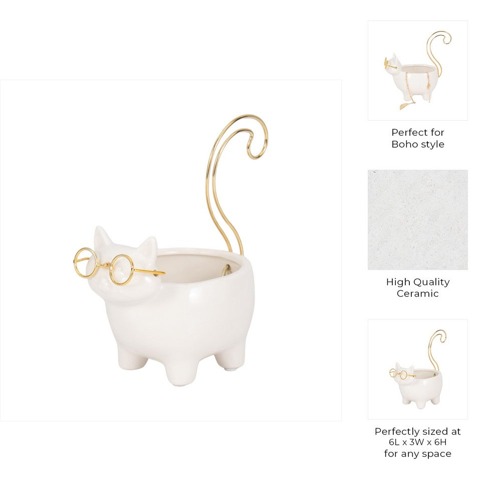 Voss Kitty Trinket Dish with Ring Holder Tail | 7" White-Gold Ceramic