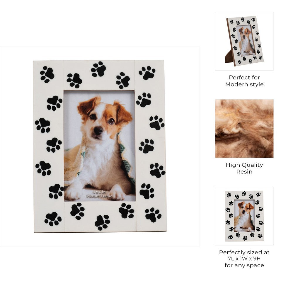 Wyatt 4x6 Portrait Photo Frame | Black Paw Print Border | White Resin