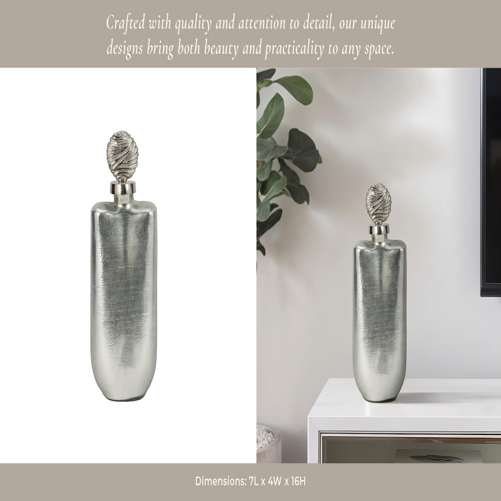 Metallic Bottle Tabletop Decor w Round Topper | 16" | Silver Aluminium