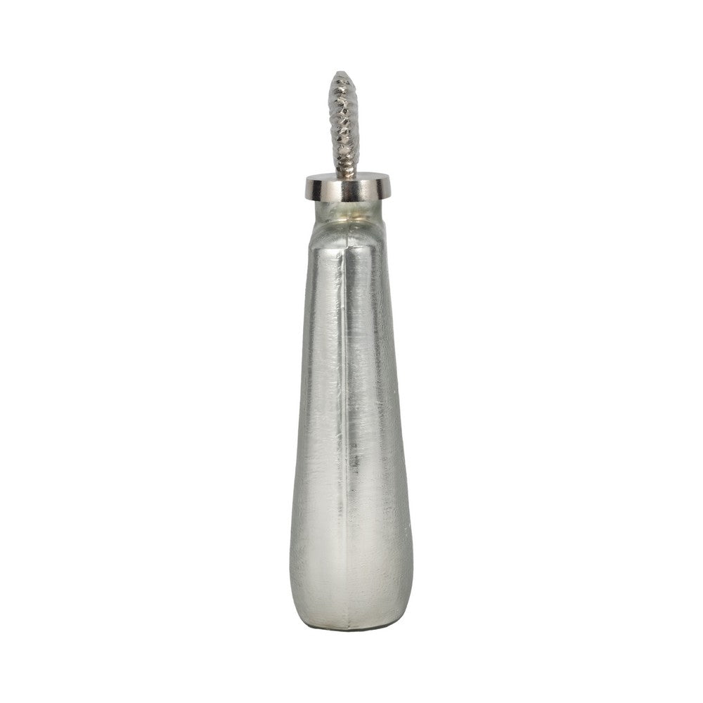 Metallic Bottle Tabletop Decor w Round Topper | 16" | Silver Aluminium