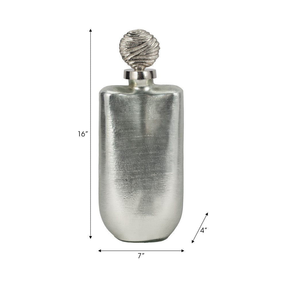 Metallic Bottle Tabletop Decor w Round Topper | 16" | Silver Aluminium