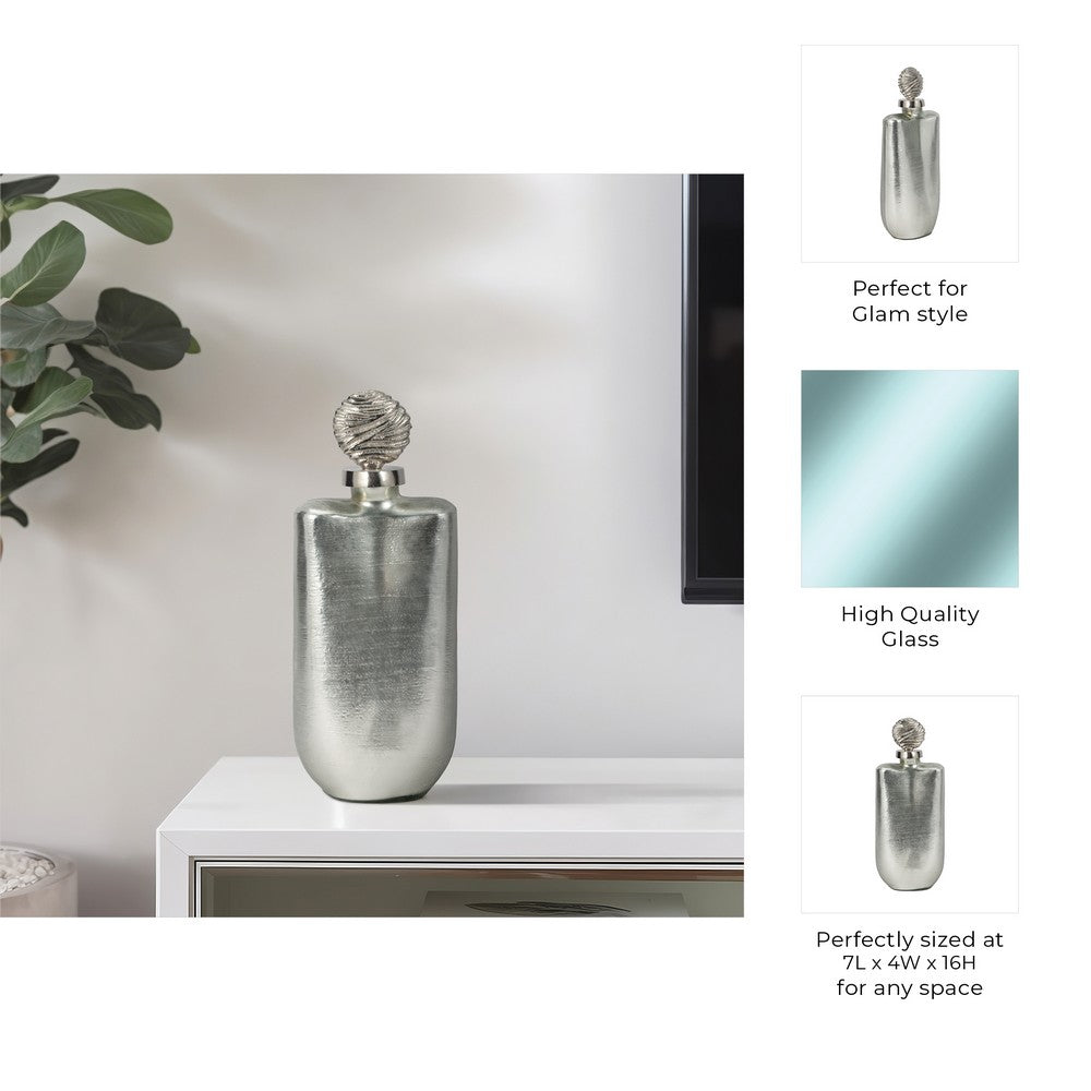 Metallic Bottle Tabletop Decor w Round Topper | 16" | Silver Aluminium