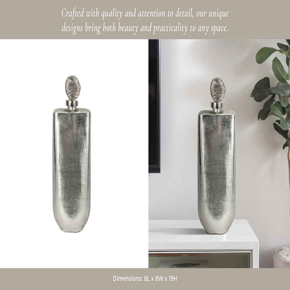 Decorative Bottle with Luxe Sphere Topper | 19" Metallic Silver Glass