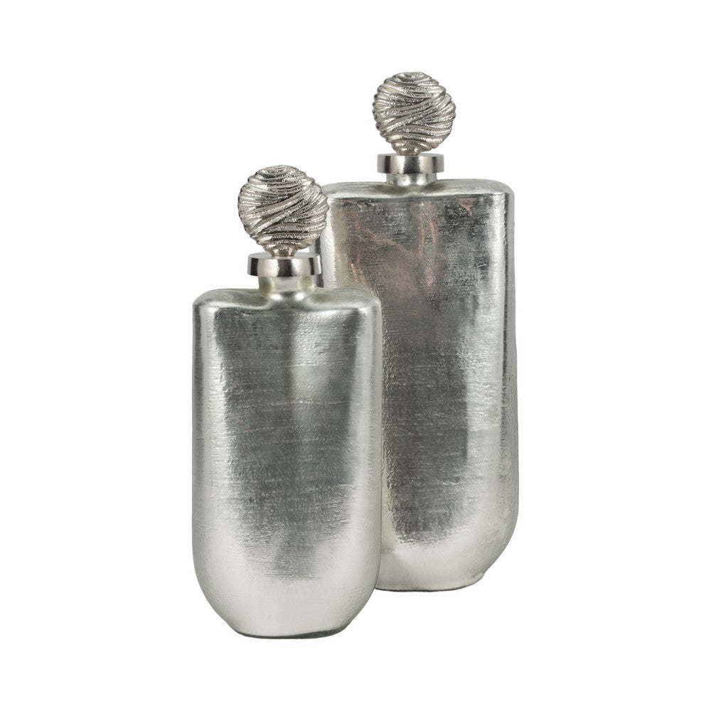 Decorative Bottle with Luxe Sphere Topper | 19" Metallic Silver Glass