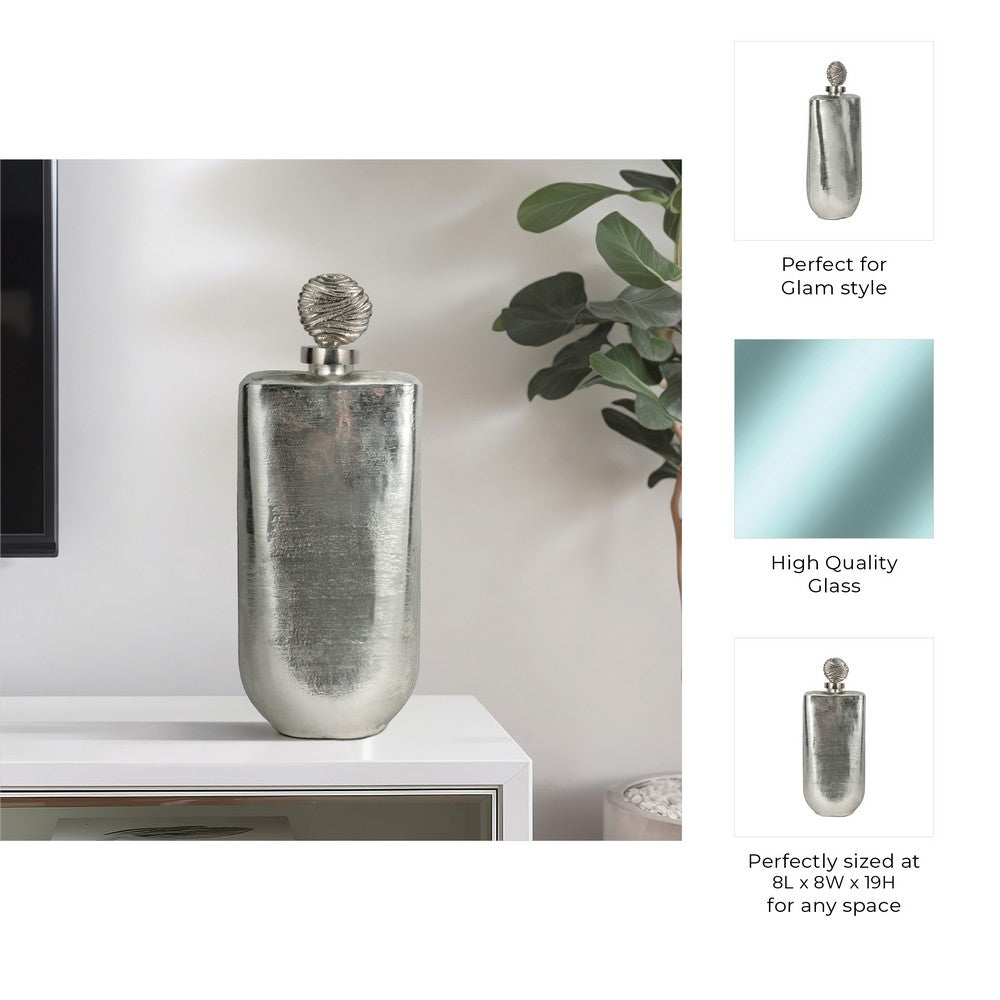 Decorative Bottle with Luxe Sphere Topper | 19" Metallic Silver Glass