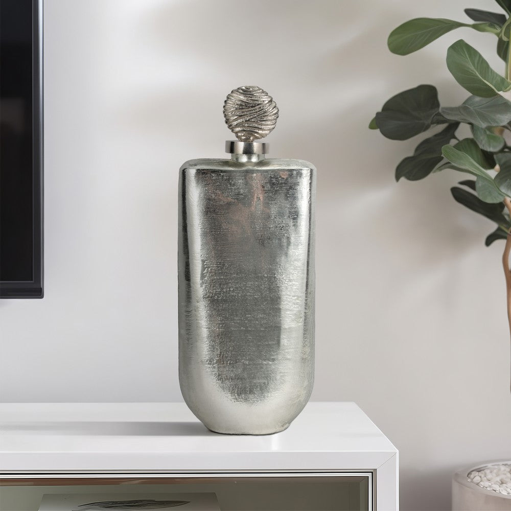 Decorative Bottle with Luxe Sphere Topper | 19" Metallic Silver Glass