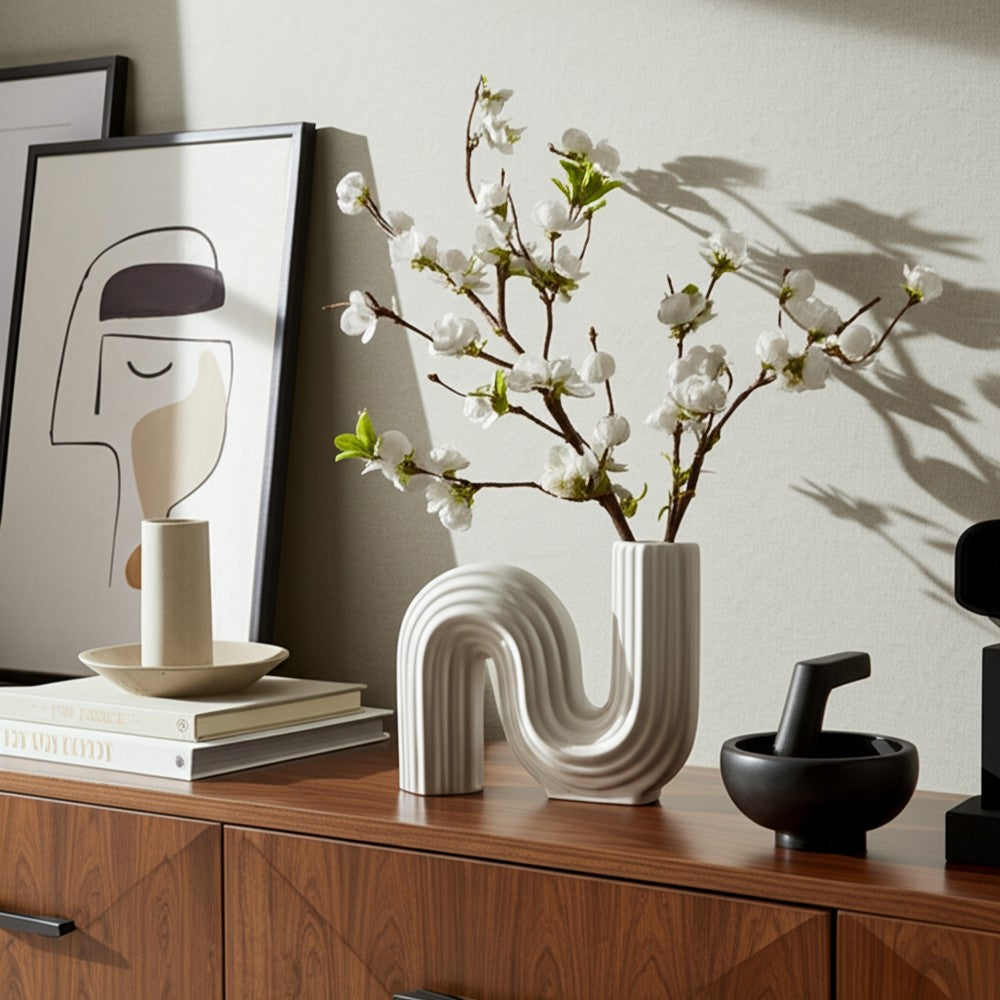 Sculptural Looped Flower Vase | 6" | White Ceramic S Shaped Design