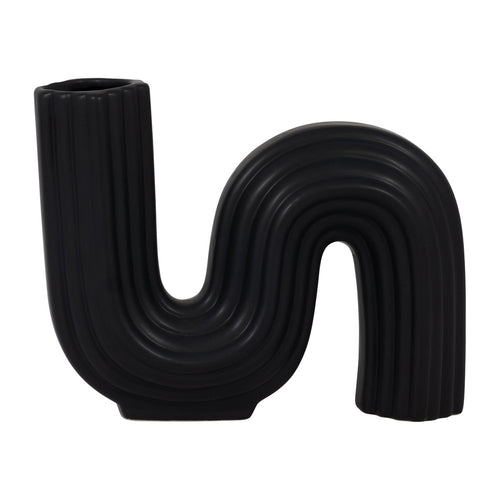 Inverted S Shaped Looped Decorative Vase | 7" Ribbed Black Ceramic