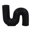 Inverted S Shaped Looped Decorative Vase | 7" Ribbed Black Ceramic