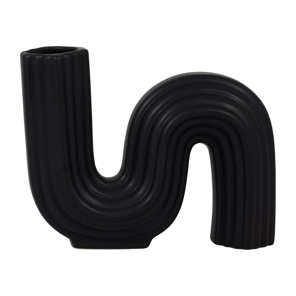 Inverted S Shaped Looped Decorative Vase | 7" Ribbed Black Ceramic