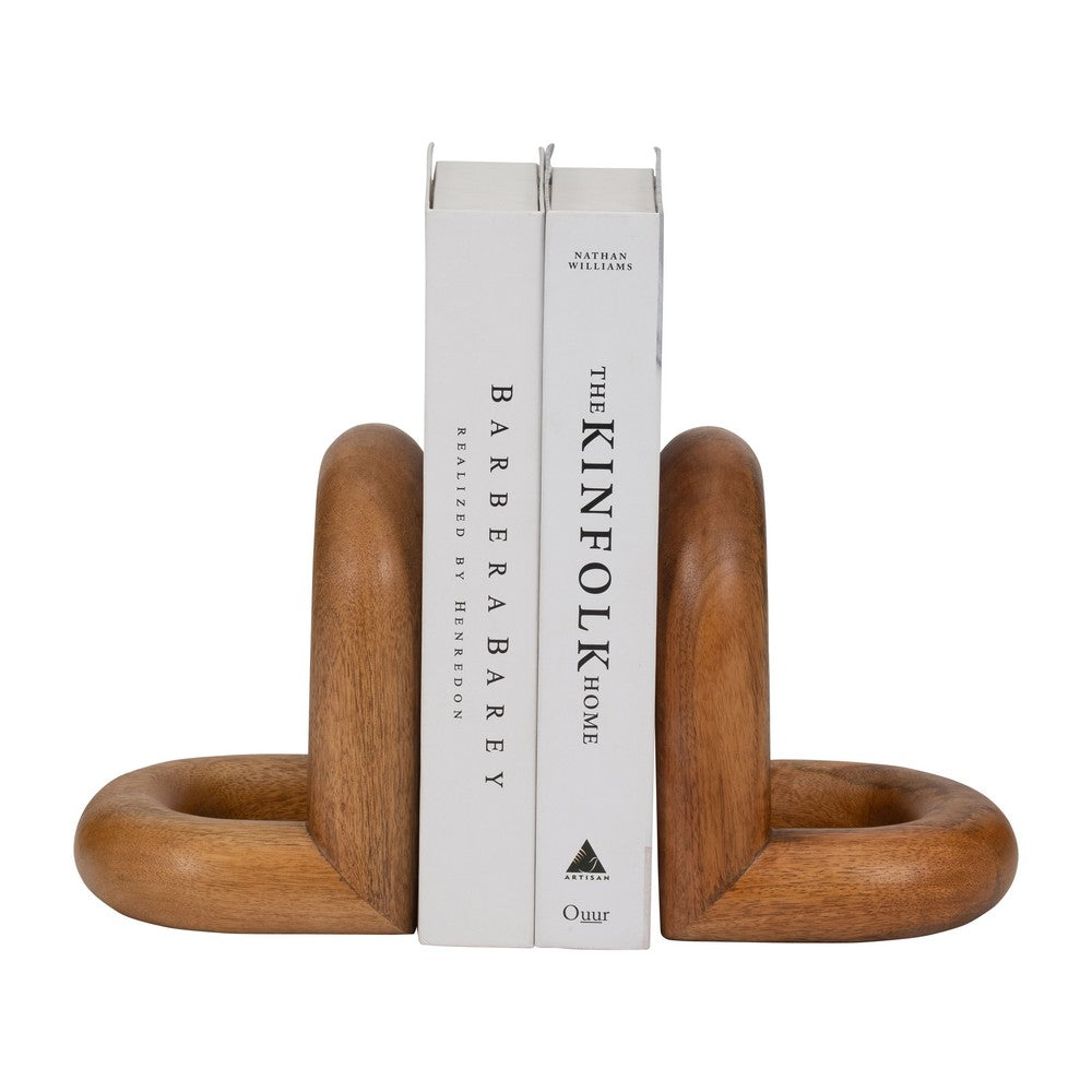 Minimalist Wood Bookend Set of 2 | Natural Brown Mango Wood Loops