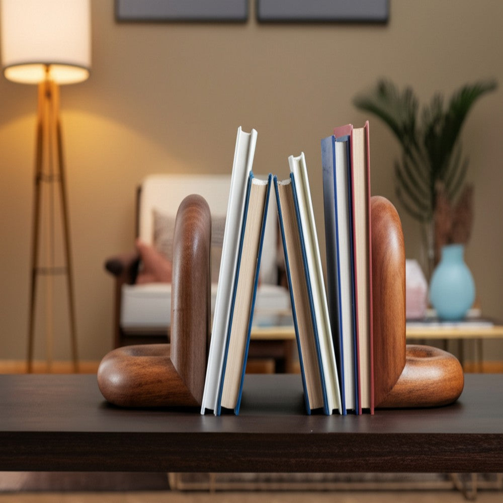 Minimalist Wood Bookend Set of 2 | Natural Brown Mango Wood Loops