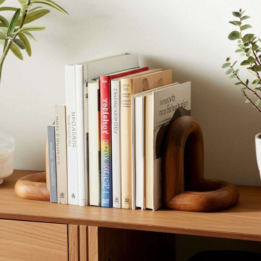 Minimalist Wood Bookend Set of 2 | Natural Brown Mango Wood Loops