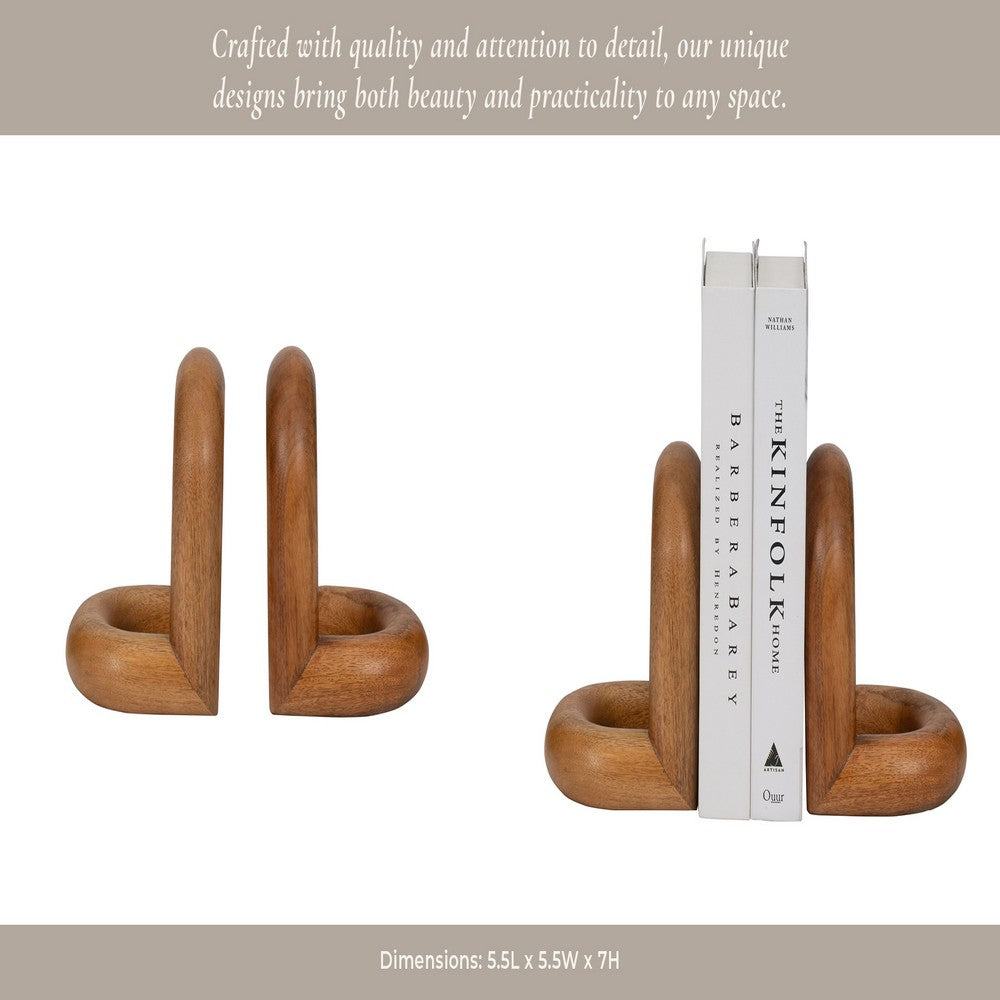 Minimalist Wood Bookend Set of 2 | Natural Brown Mango Wood Loops