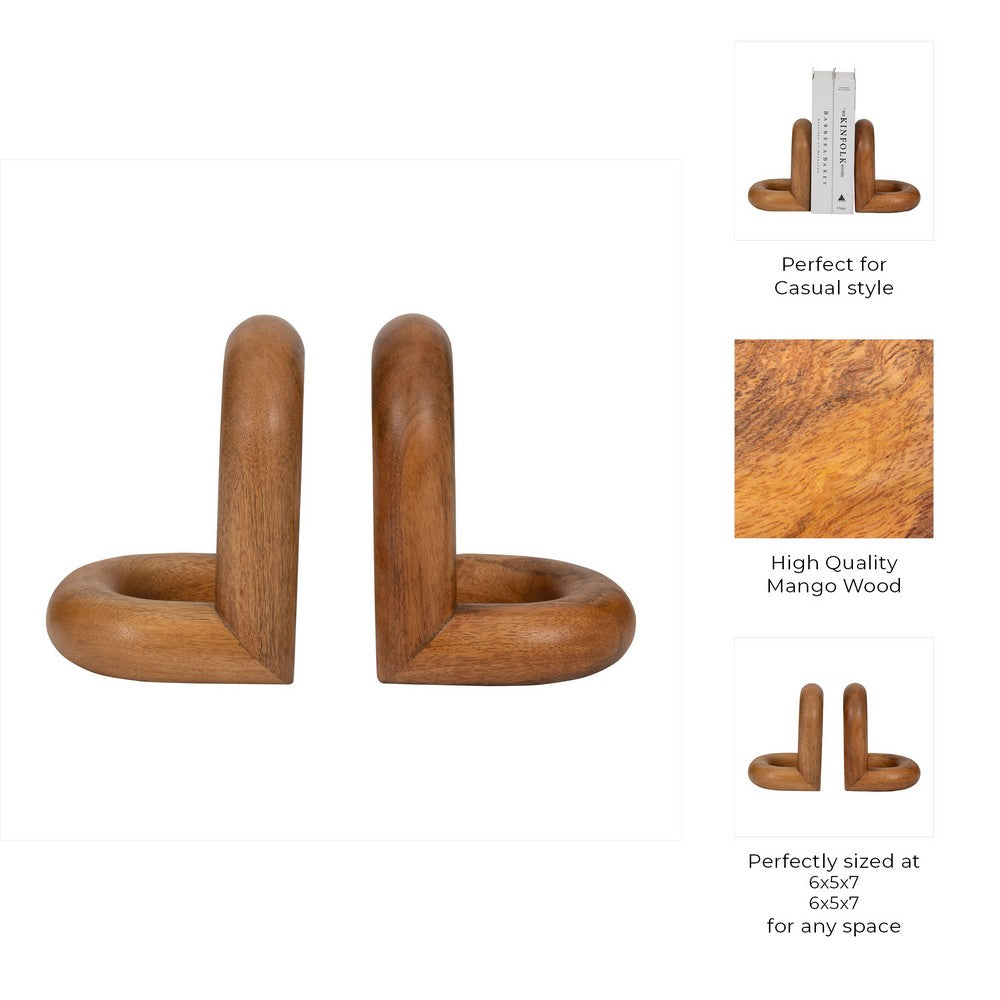 Minimalist Wood Bookend Set of 2 | Natural Brown Mango Wood Loops