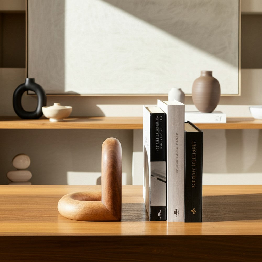 Minimalist Wood Bookend Set of 2 | Natural Brown Mango Wood Loops