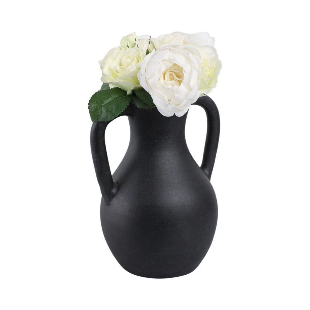 Antique Style Flower Vase w 2 Handles | 12" Black Terracotta