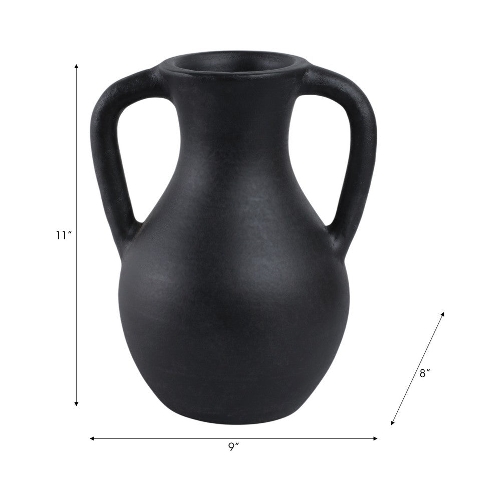 Antique Style Flower Vase w 2 Handles | 12" Black Terracotta