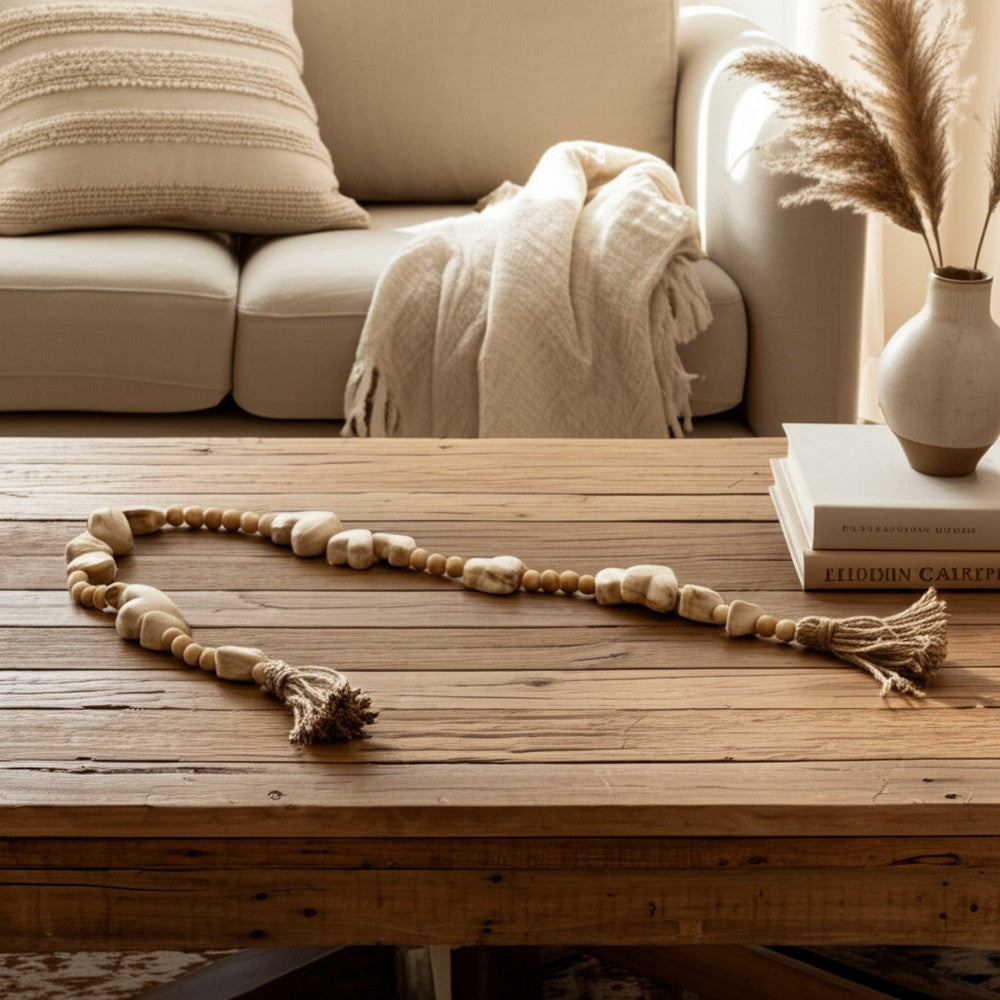 Quaz Decorative Heart-Beaded Garland | Jute Tassels Ends | White Wood 38"