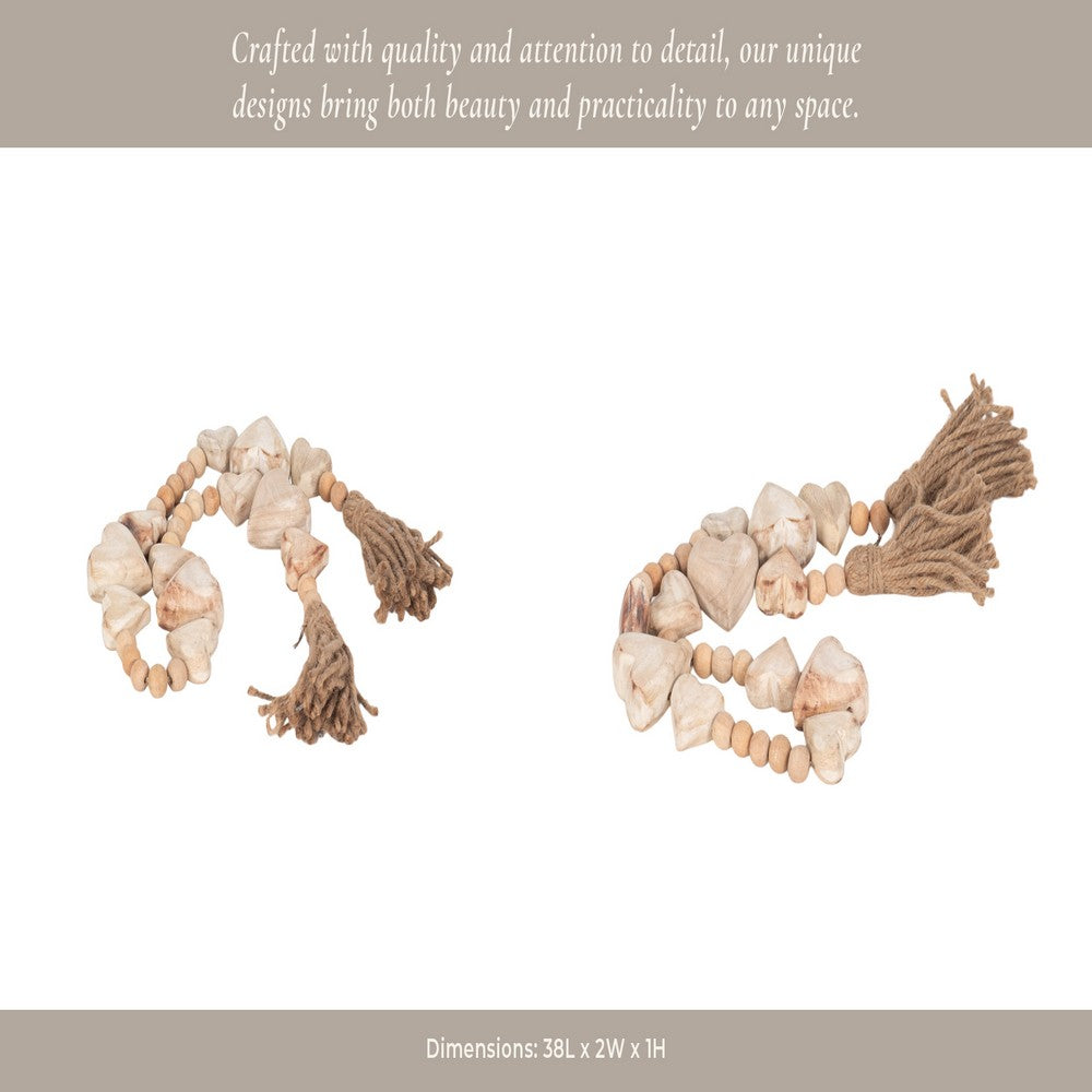 Quaz Decorative Heart-Beaded Garland | Jute Tassels Ends | White Wood 38"