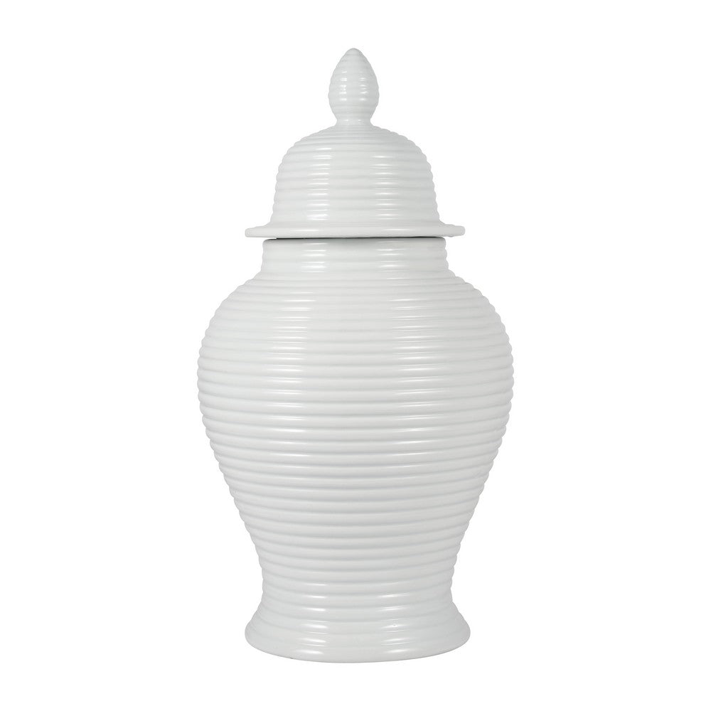 Ginger Jar with Lid | Ribbed Pattern | Classic Glossy White Ceramic | 12"