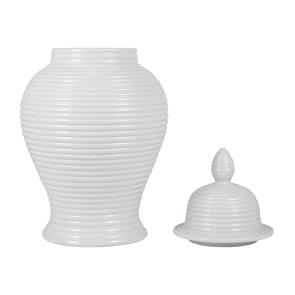 Ginger Jar with Lid | Ribbed Pattern | Classic Glossy White Ceramic | 12"