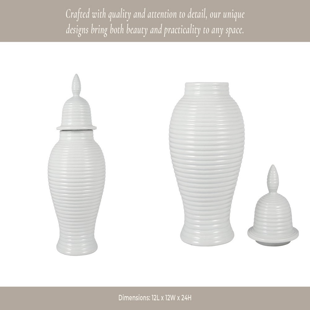 Ginger Jar with Lid | Ribbed Pattern | Classic Glossy White Ceramic | 12"