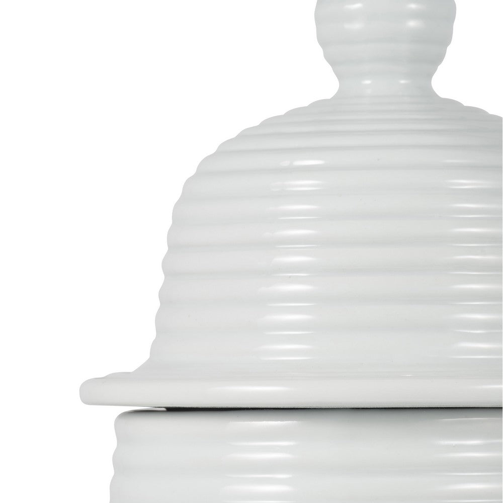 Ginger Jar with Lid | Ribbed Pattern | Classic Glossy White Ceramic | 12"