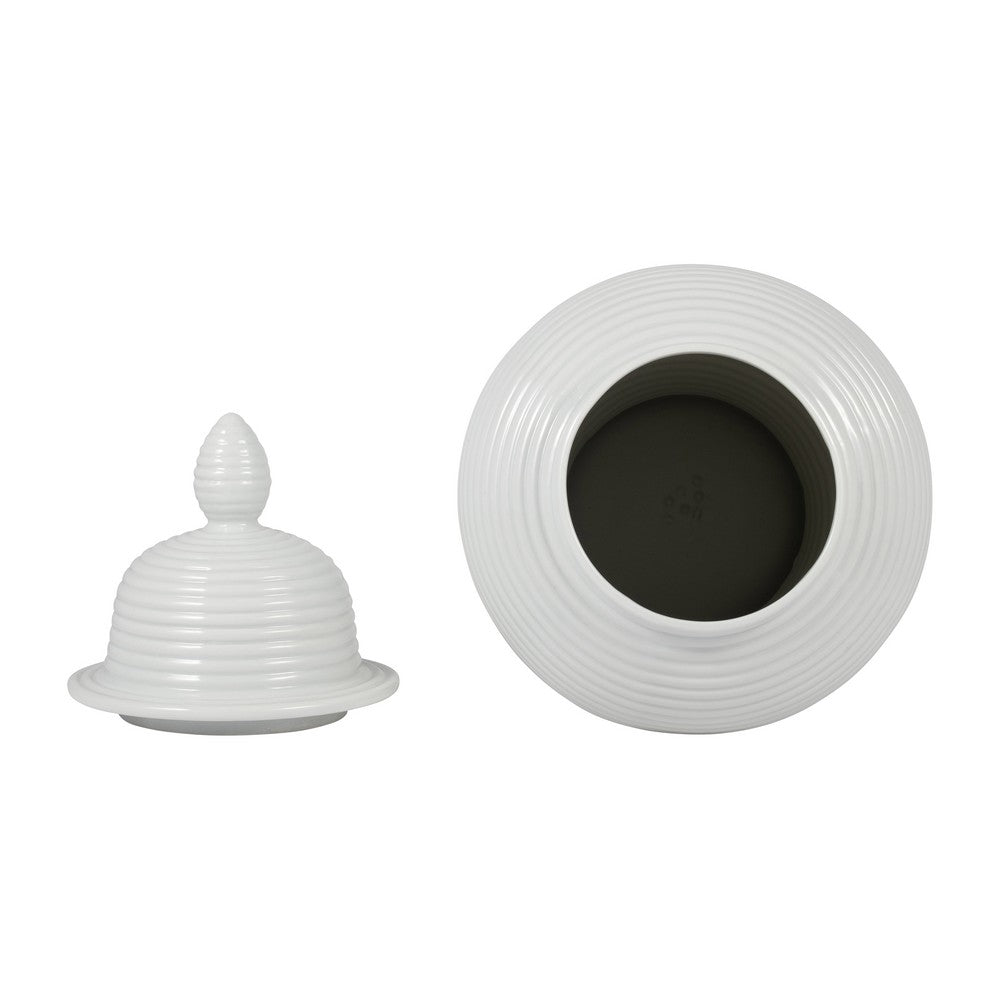 Ginger Jar with Lid | Ribbed Pattern | Classic Glossy White Ceramic | 12"