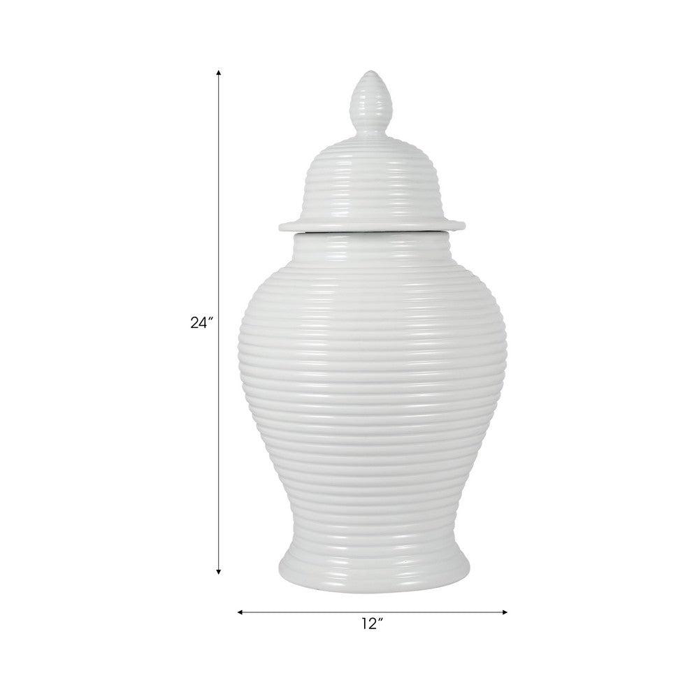 Ginger Jar with Lid | Ribbed Pattern | Classic Glossy White Ceramic | 12"