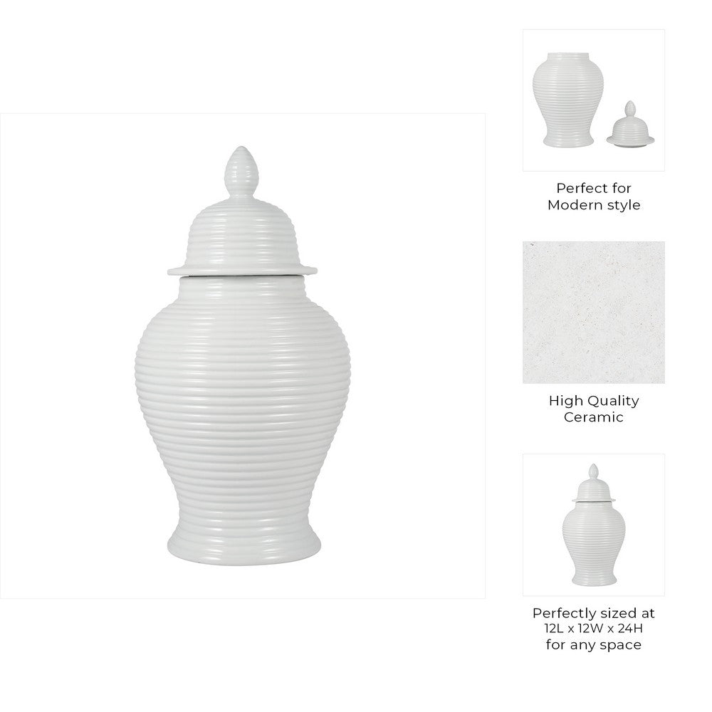 Ginger Jar with Lid | Ribbed Pattern | Classic Glossy White Ceramic | 12"