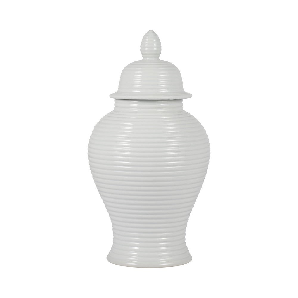 Temple Jar with Domed Lid & Finial | Ribbed Design | White Ceramic 18"