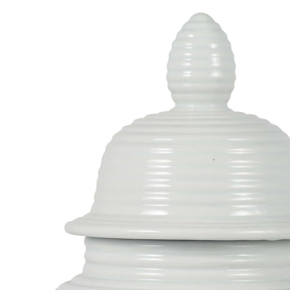 Temple Jar with Domed Lid & Finial | Ribbed Design | White Ceramic 18"