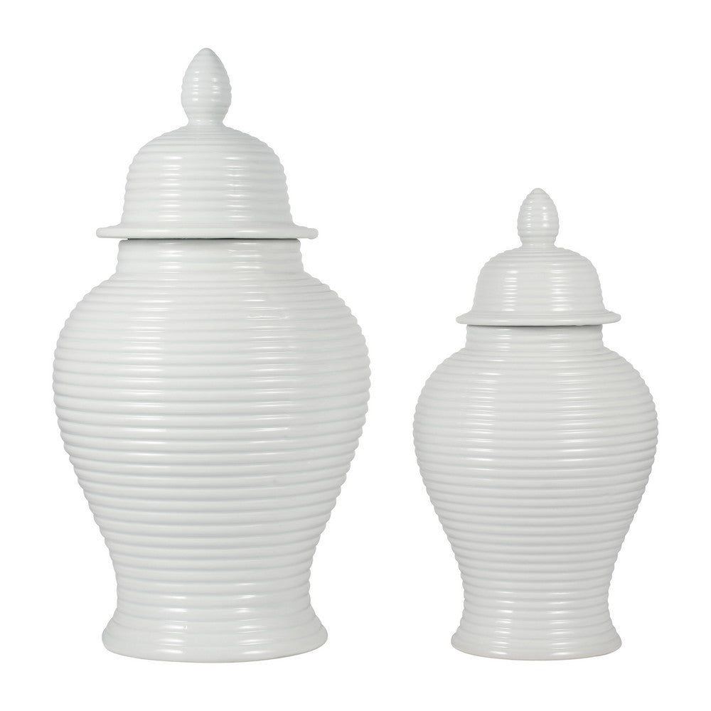 Temple Jar with Domed Lid & Finial | Ribbed Design | White Ceramic 18"