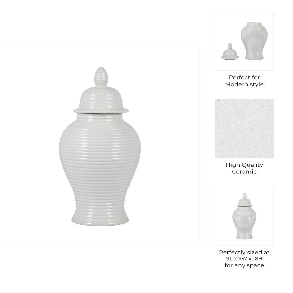 Temple Jar with Domed Lid & Finial | Ribbed Design | White Ceramic 18"