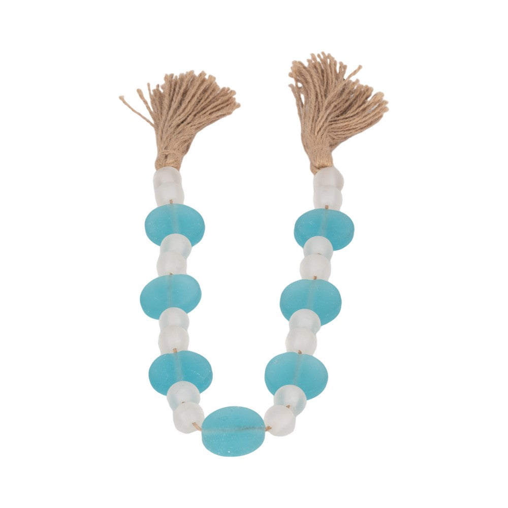 Hana Accent Garland | Blue & White Glass Beads | Brown Jute Rope Tassels