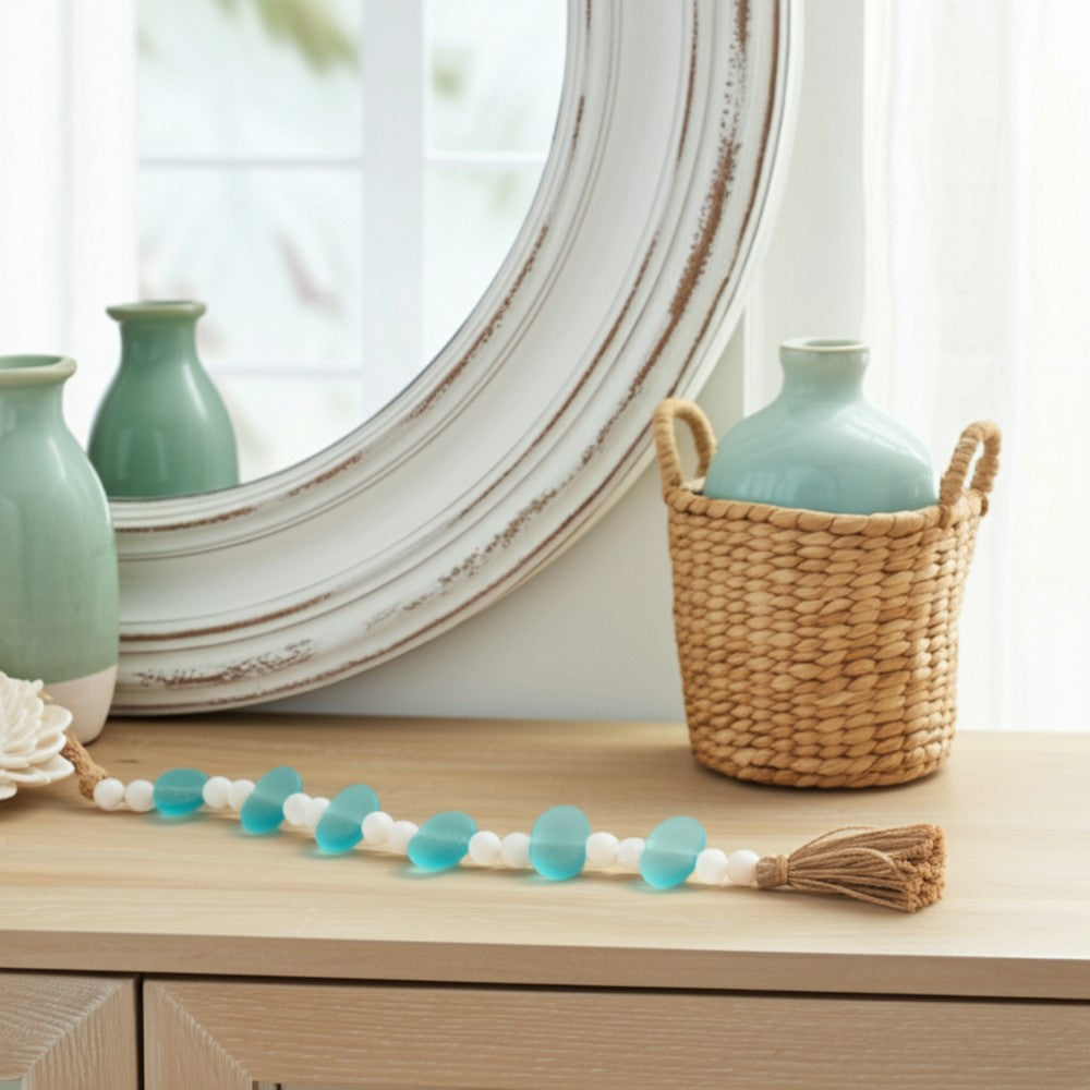 Hana Accent Garland | Blue & White Glass Beads | Brown Jute Rope Tassels