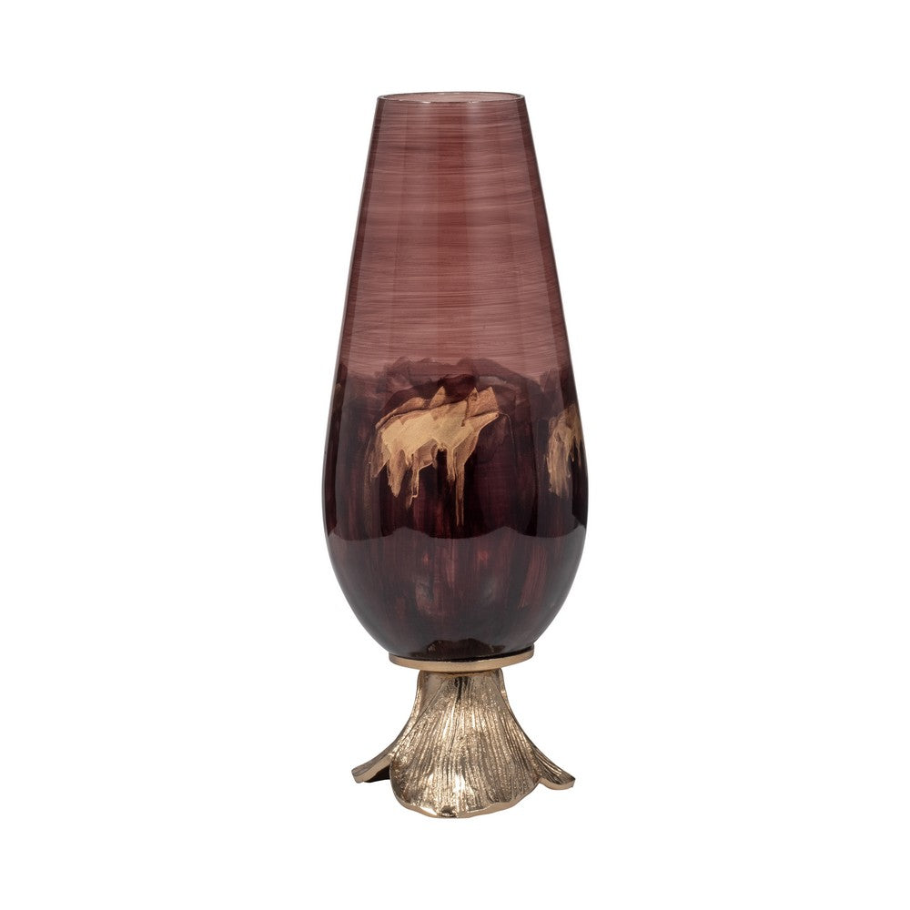 Enzie Decorative Vase | Sculpted Leaf Metal Base | Bronze Glass 15"
