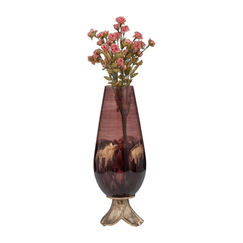 Enzie Decorative Vase | Sculpted Leaf Metal Base | Bronze Glass 15"