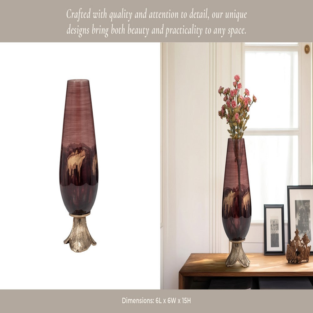 Enzie Decorative Vase | Sculpted Leaf Metal Base | Bronze Glass 15"
