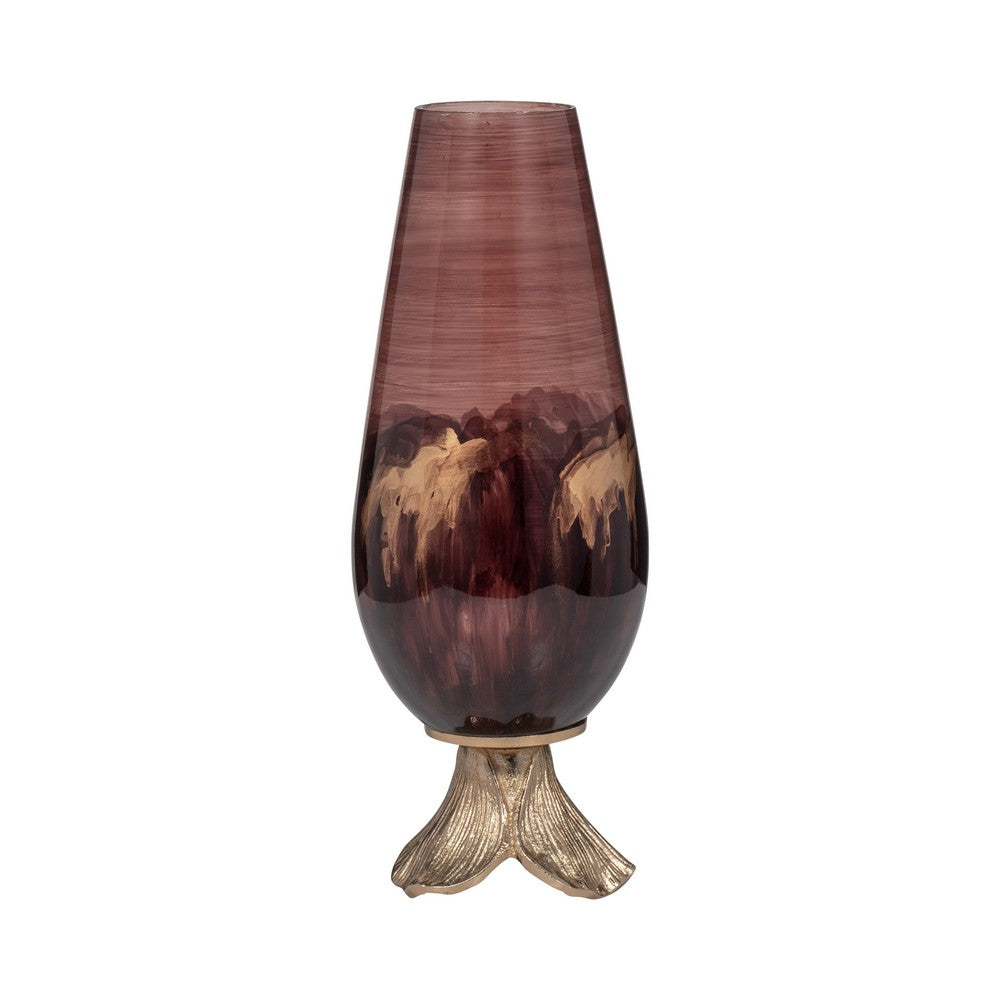 Enzie Decorative Vase | Sculpted Leaf Metal Base | Bronze Glass 15"