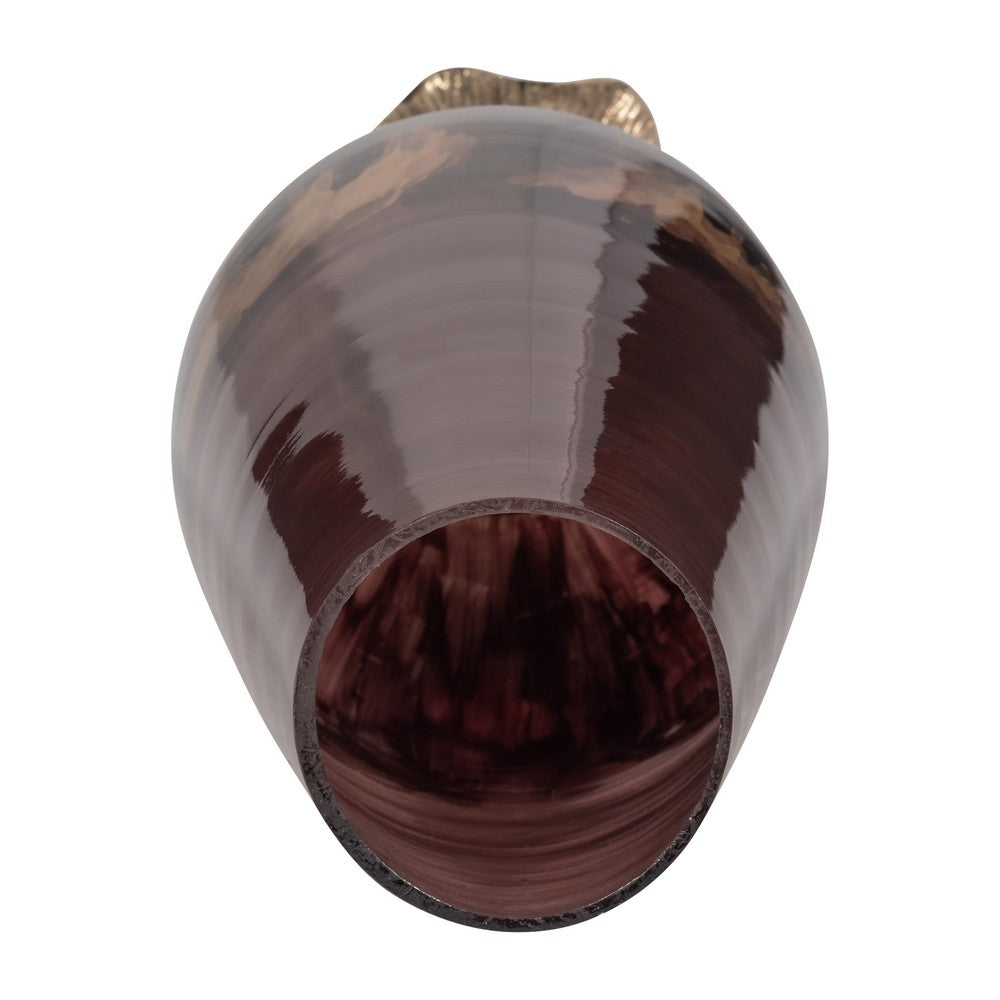 Enzie Decorative Vase | Sculpted Leaf Metal Base | Bronze Glass 15"