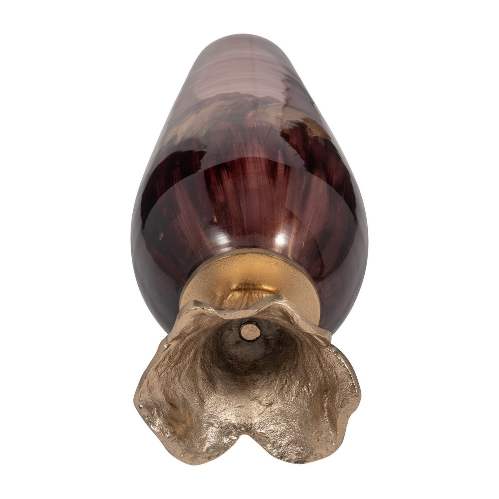 Enzie Decorative Vase | Sculpted Leaf Metal Base | Bronze Glass 15"